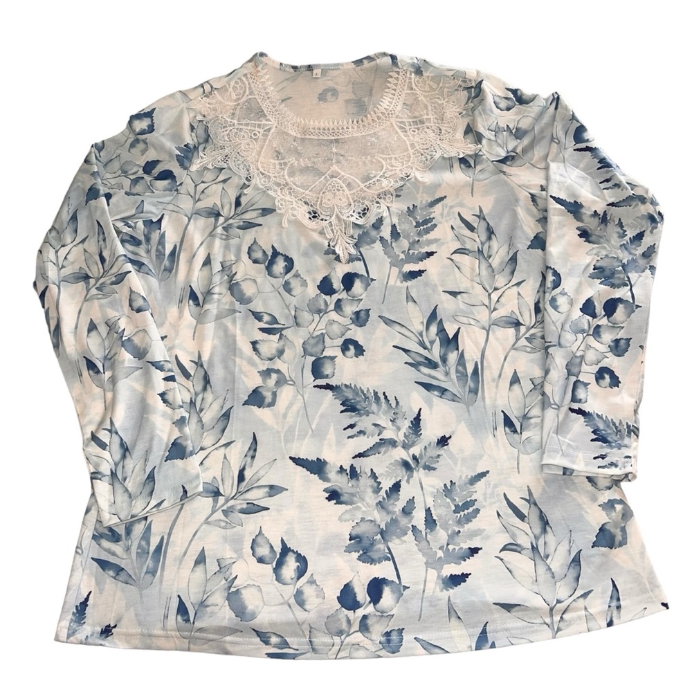 New Floral and Lace Lightweight Long Sleeve Shirt Large Blue White